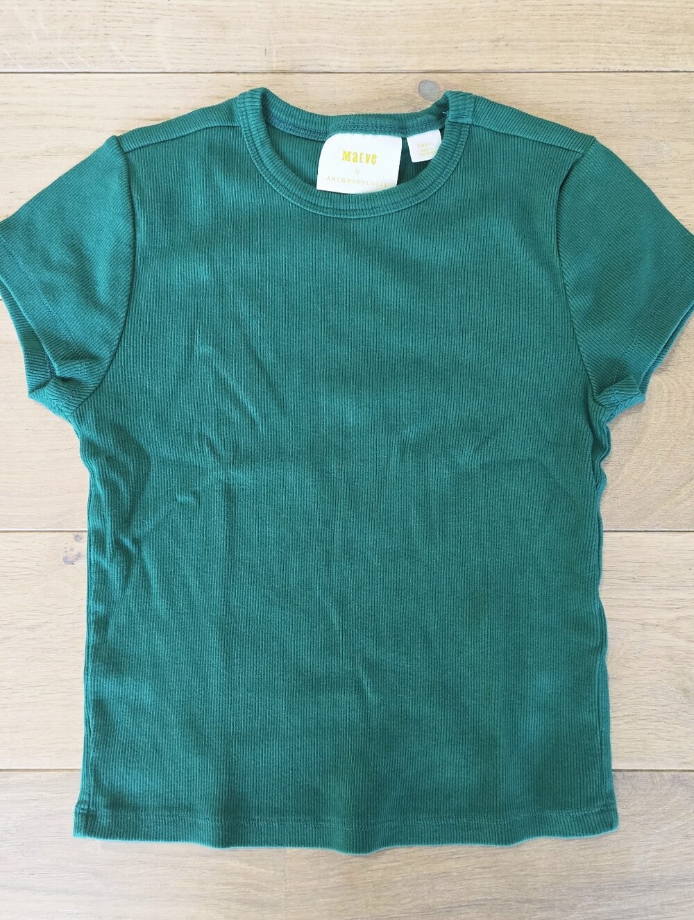 Maeve By Anthropologie Cropped Green Ribbed Short-Sleeve Baby Tee - Size S